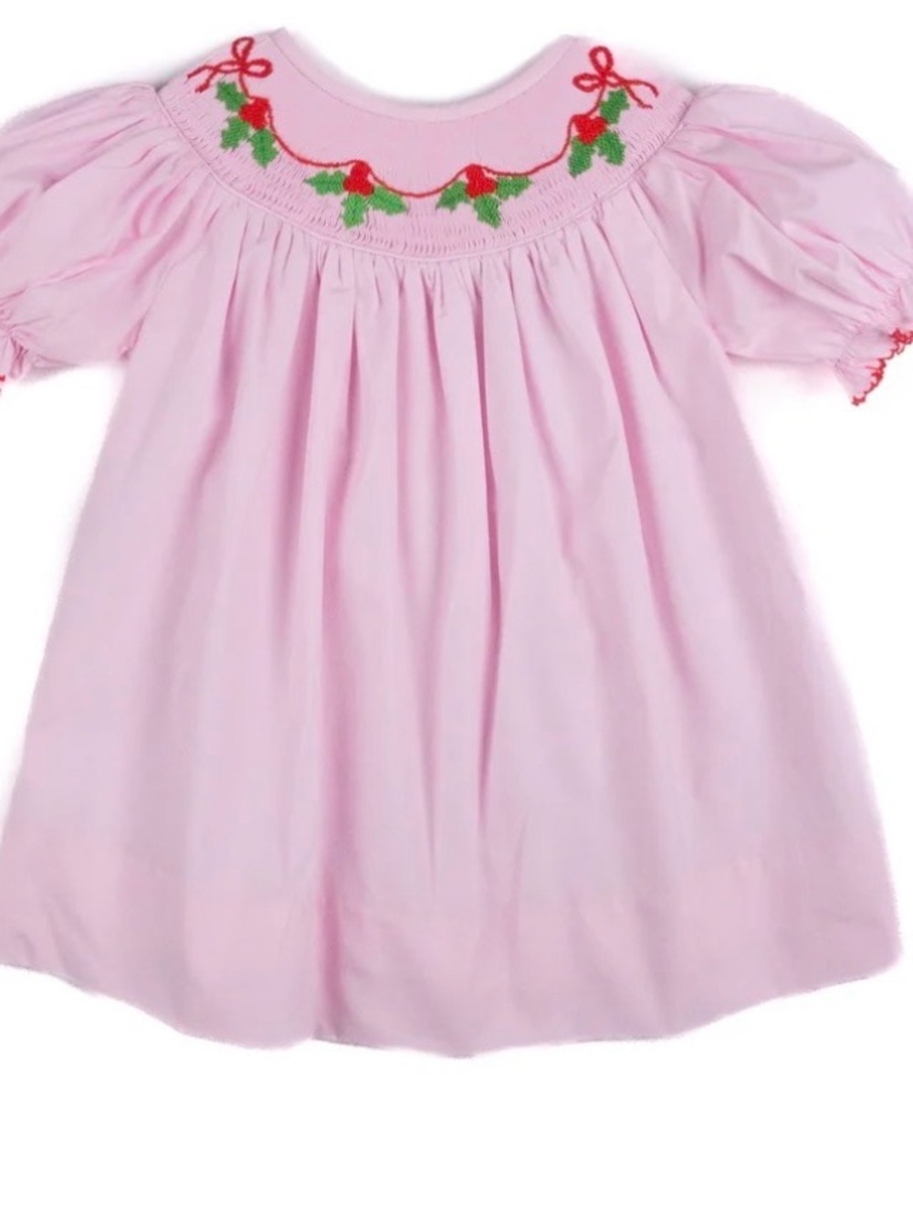 Maisonette Teeta -Pink Smocked Baby Dress with Red & Green Holly Embroidery